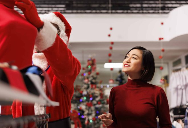 Shop worker costumed as Santa helps customer while presenting latest clothing trends and speaks to asian woman about suitable gifts for Christmas. Employee welcoming female shopper.