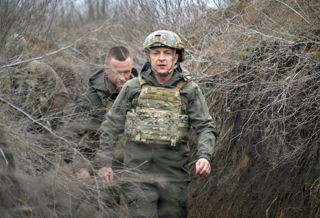 Ukraine's President Volodymyr Zelenskiy visits positions of armed forces near the frontline with Russian-backed separatists in Donbass region, Ukraine April 9, 2021. Ukrainian Presidential Press Service/Handout via REUTERS ATTENTION EDITORS - THIS IMAGE WAS PROVIDED BY A THIRD PARTY.