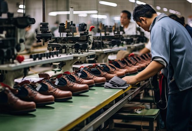 um-homem-de-camisa-azul-e-avental-vermelho-esta-em-frente-a-uma-mesa-cheia-de-sapatos