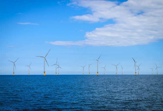 Offshore Wind Turbine in a Windfarm under construction off the England